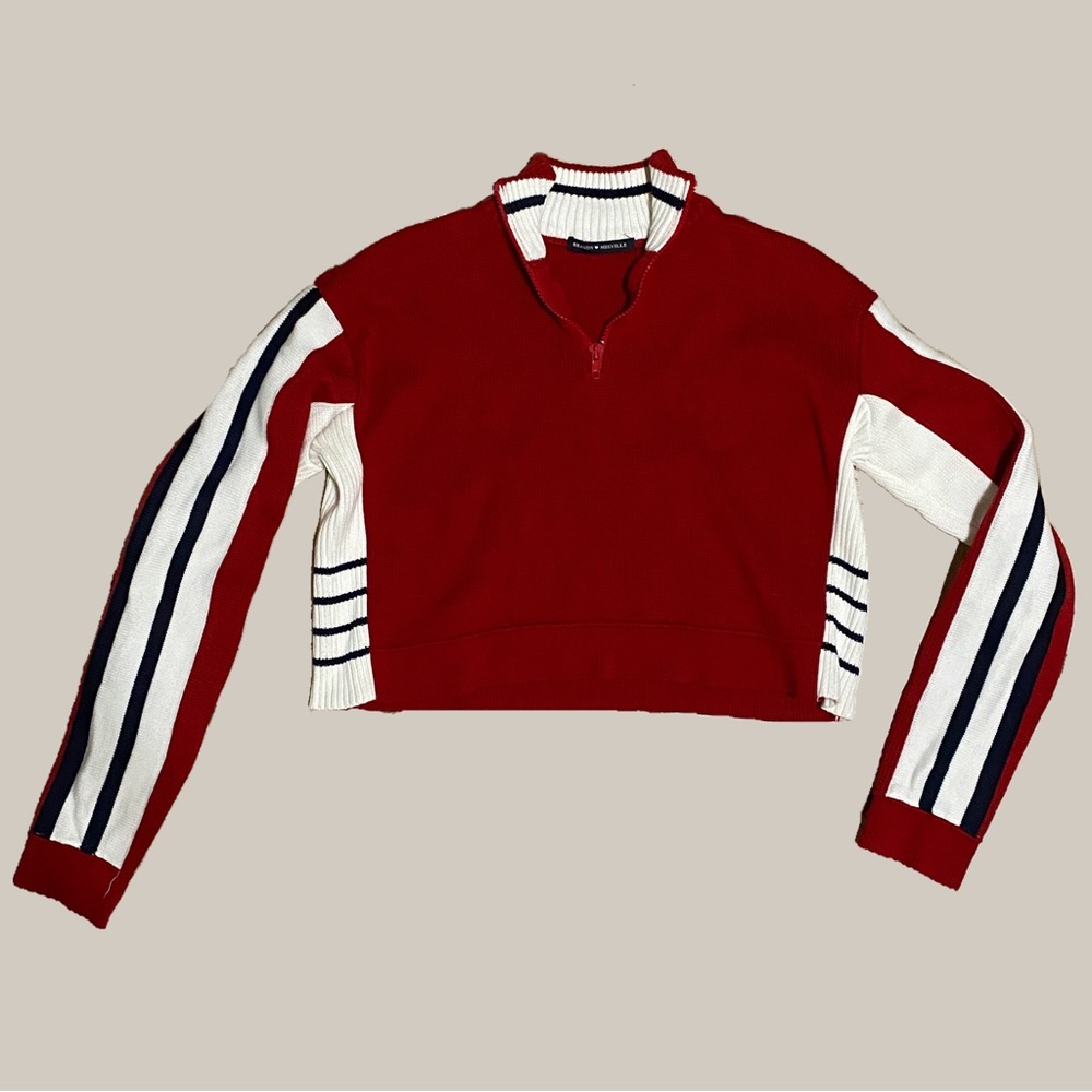 Brandy Melville Aurora Sweater | Cropped 1/4 Zip Red and White Longsleeve